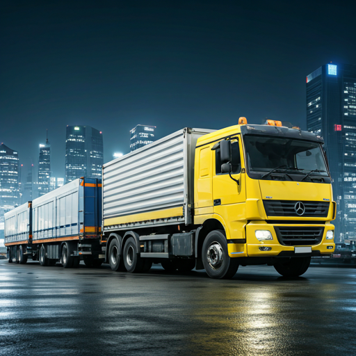 شاحنة لوجستية حديثة ضمن مشهد حضري احترافي